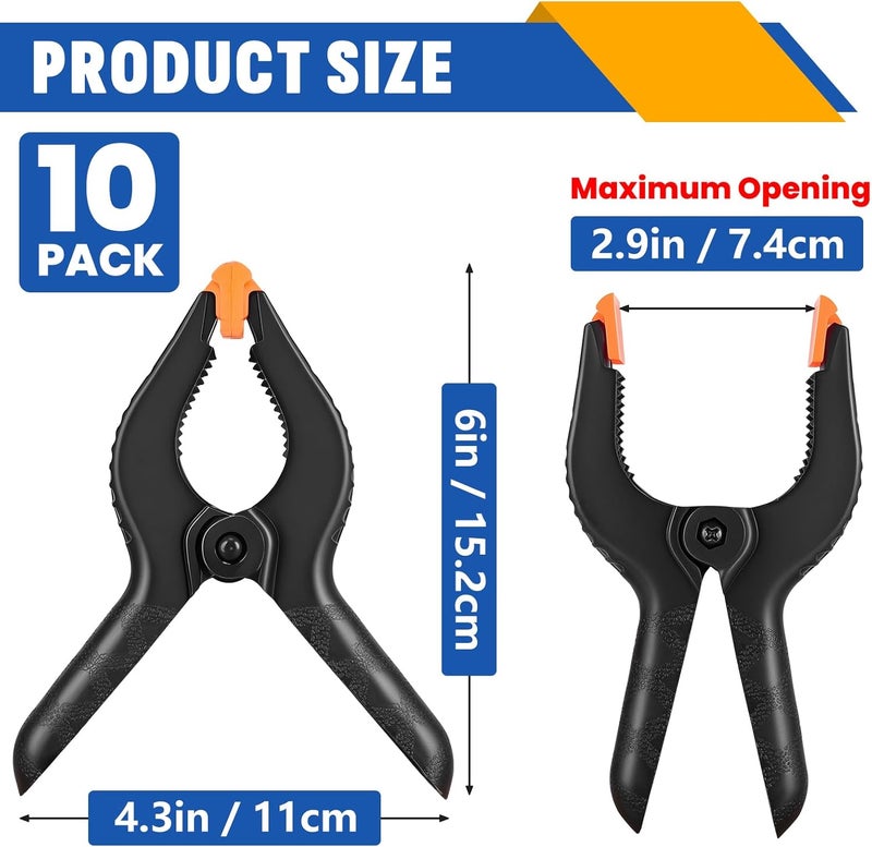 NUITPY 10 Pack 6 inch Plastic Spring Clamps, Black Heavy Duty Clips, Backdrop Clips, Plastic Clamps for Crafts, Backdrop Stand, Woodworking, Photography - Image 2